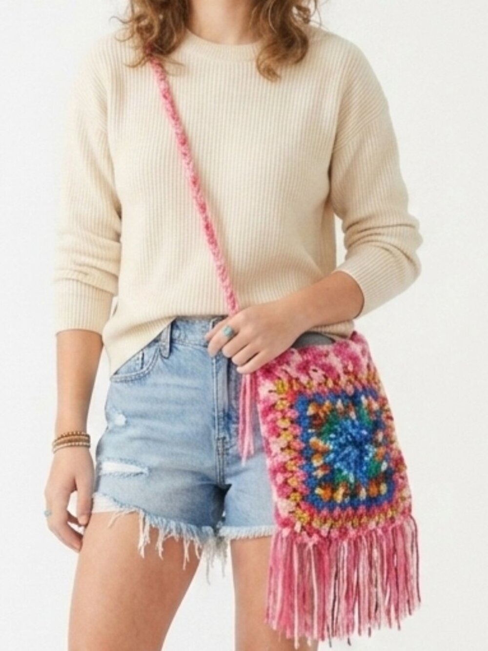 70s Handmade Granny Square Crochet Knit Crossbody Hippie Boho Bag Vintage